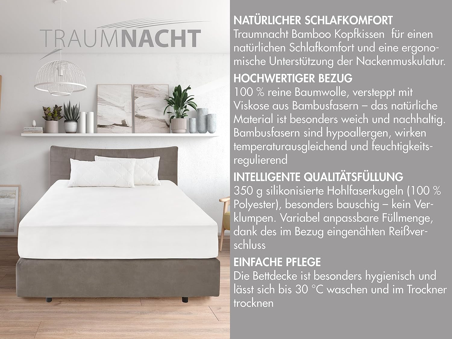 Traumnacht Almohada de bambú con fibras de bambú, hipoalergénica, antibacteriana Juego de almohadas con cremallera, compuesto por 2 almohadas de 40X80Cm, certificado Oeko-Tex, desarrollado en Alemania Naty Shop almohadas estándar