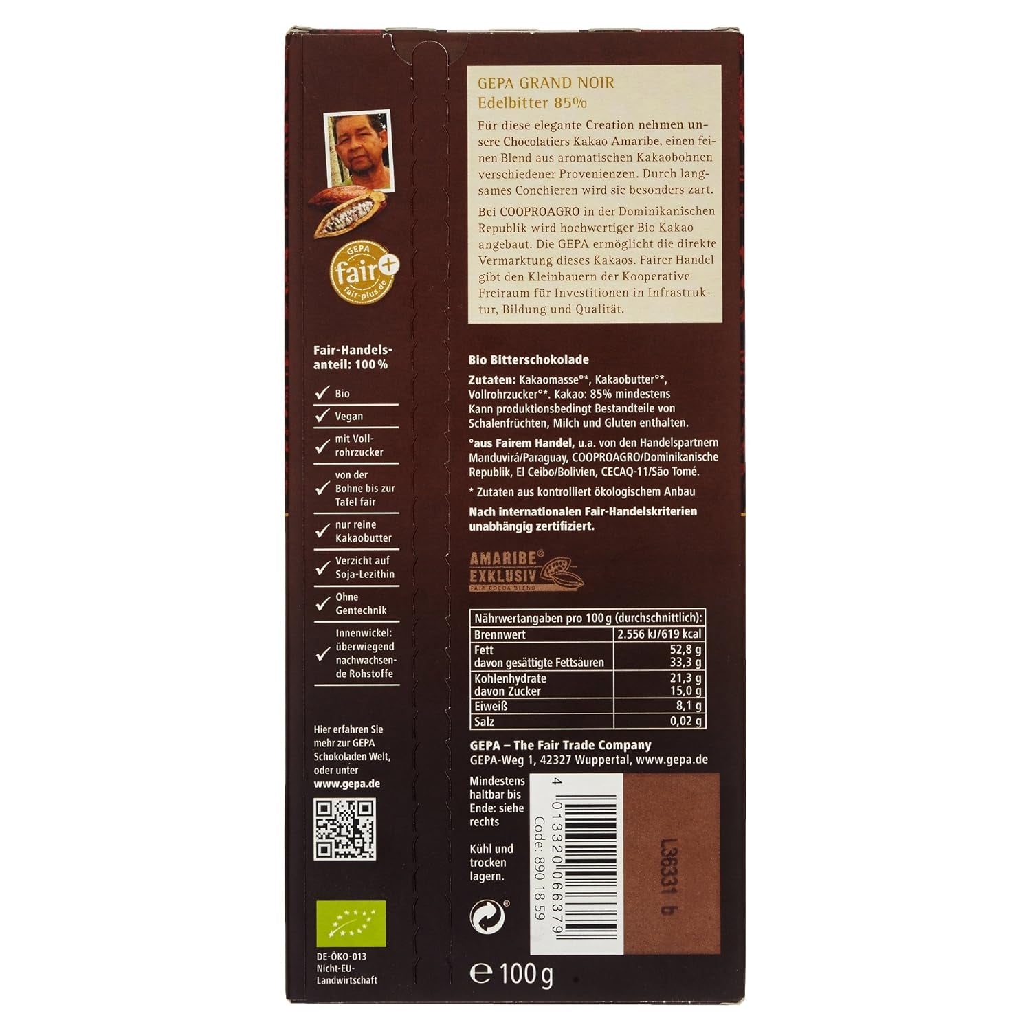 Bitter Grand Noir orgánico, 85%, 100g