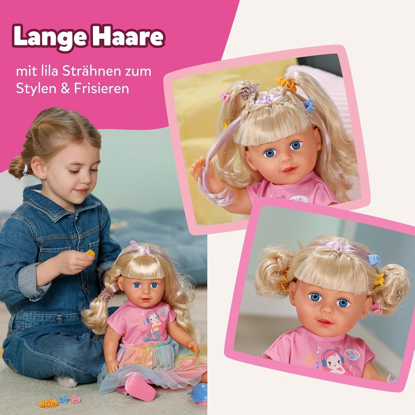 BABY born Carla - Muñeca 43 cm - Pelo rubio con mechones de gran calidad - No necesita pilas - Apta para niños a partir de 4 años - Incluye 7 accesorios, rosa