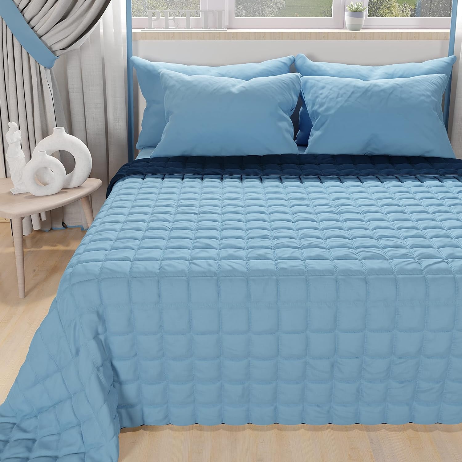 PETTI Artigiani Italiani - Cubrecama individual, colcha de doble cara, colcha de muelles, azul medianoche, blanco, 100% Made in Italy