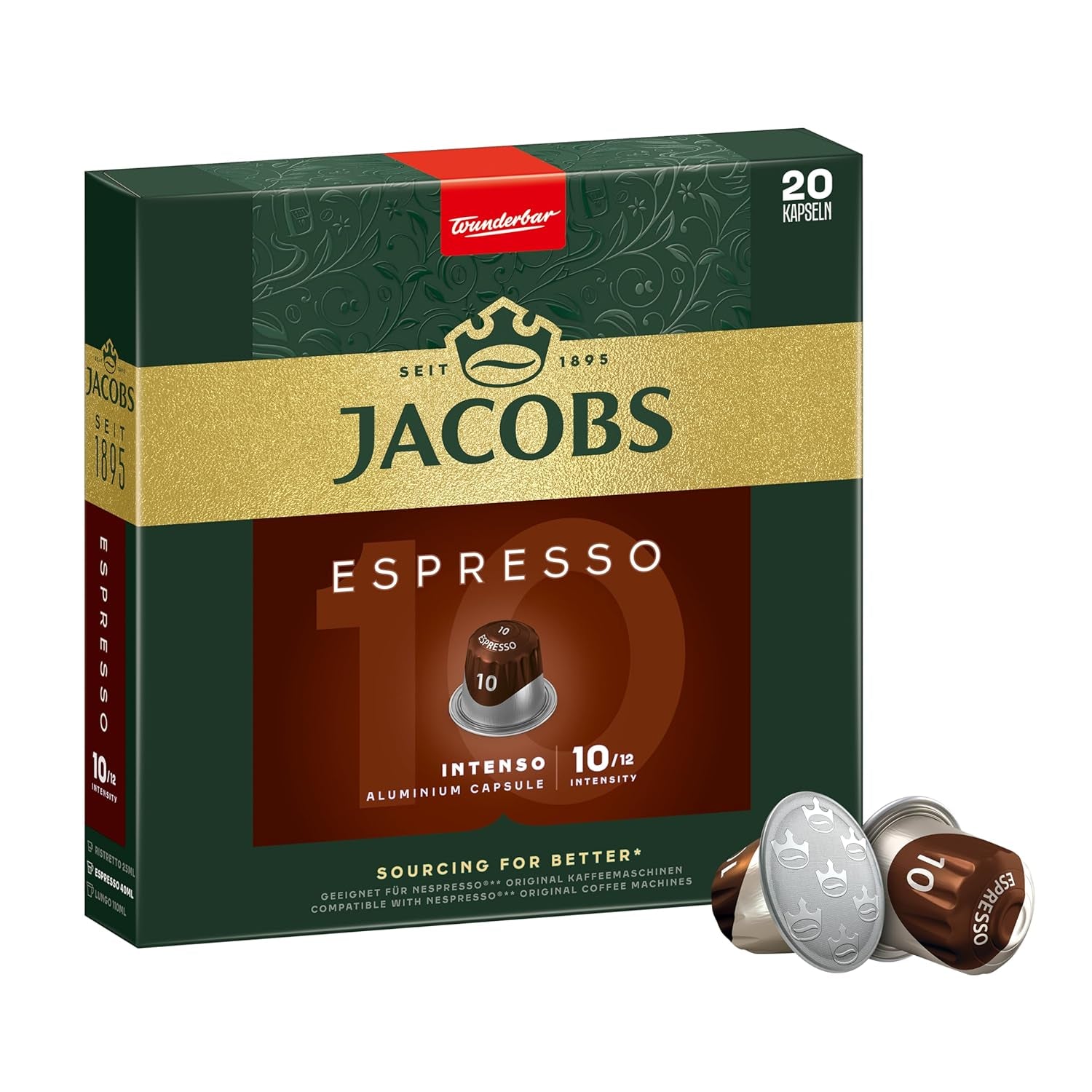 Jacobs Kaffeekapseln Espresso Intenso, Intensität 10/12, 10 x 20 Getränke, Nespresso* compatible Kaffee Kapseln, 200 Kapseln
