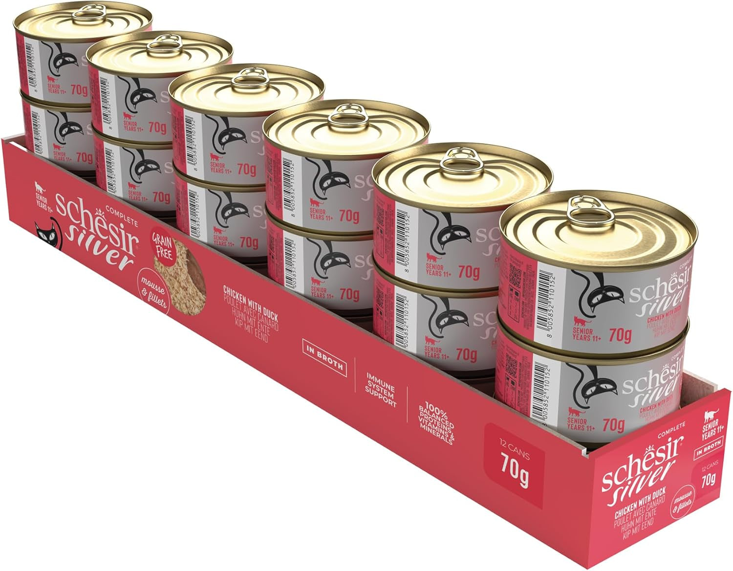 Silver Pollo con Mousse de Pato y Filetes, Alimento Húmedo Completo para Gatos Mayores, Sin Cereales, Apoyo Inmunológico, Fuente de Humedad, 12 x 70 g