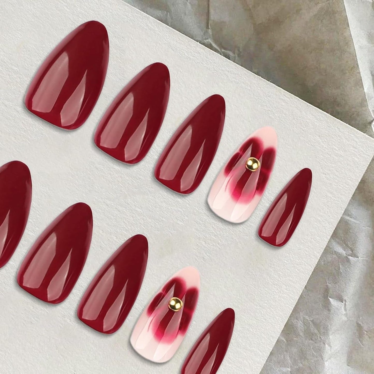 24 flores de color burdeos con armadura de diamantes, prensa en uñas, pegamento en uñas artificiales, juego de puntas de uñas