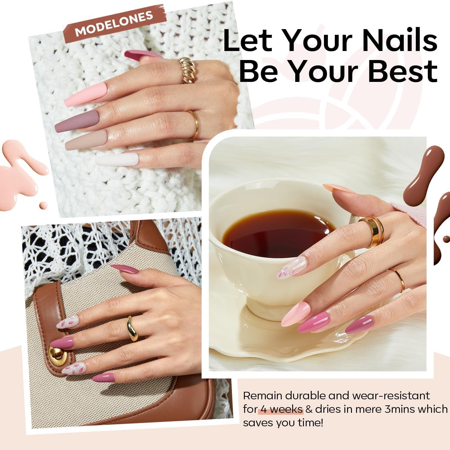 Modelones Juego de esmaltes de uñas de gel, 35 piezas, juego de esmaltes de uñas UV con lámpara de 48 W, juego de esmaltes de uñas de gel, color marrón, blanco y rosa, juego de esmaltes de uñas de gel UV con base de capa superior, juego de estudio de uñas