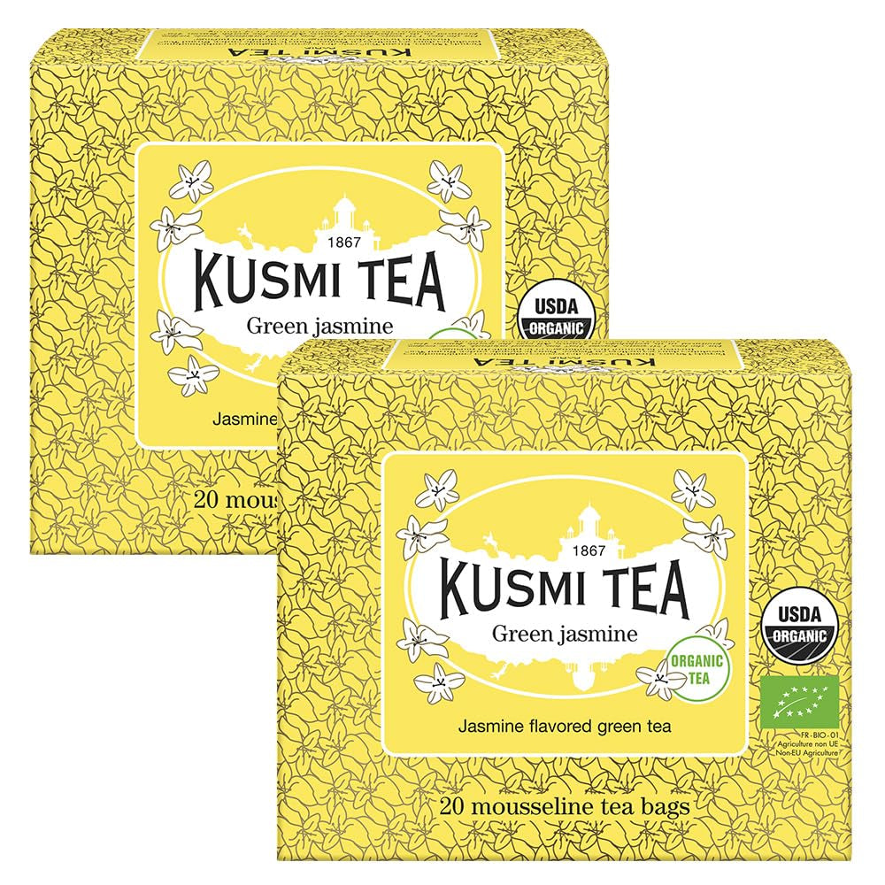 Té Kusmi - Paquete de 2 - Té verde jazmín - Mezcla de té verde jazmín orgánico - Té verde 100% orgánico - Se puede consumir frío o caliente - 2X20 bolsitas de té