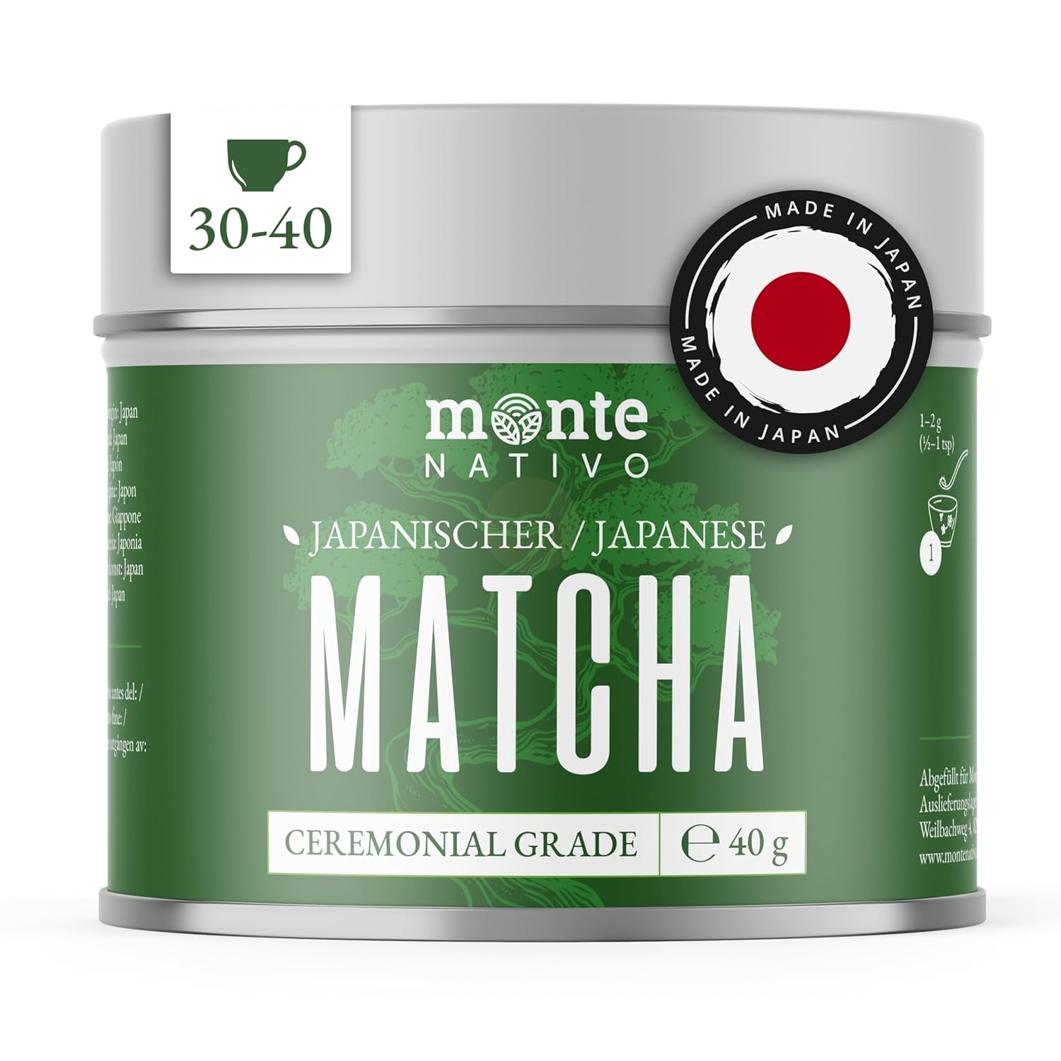 Monte Nativo Ceremonial Matcha en polvo (40 g) - perfecto para té matcha, café con leche y batidos - té verde de Japón - grado ceremonial, en caja de metal - 100% puro, sin gluten, finamente molido