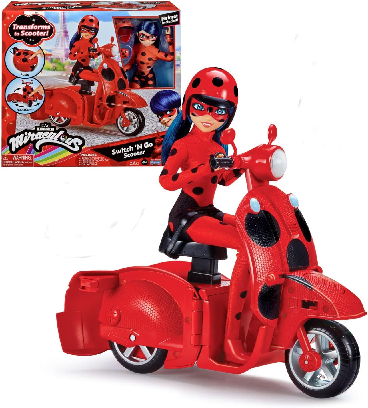 Bandai - Miraculous Ladybug - Patinete Miraculous Switch'n Go + Muñeca articulada Ladybug Lucky Charm de 26 cm - P50668
