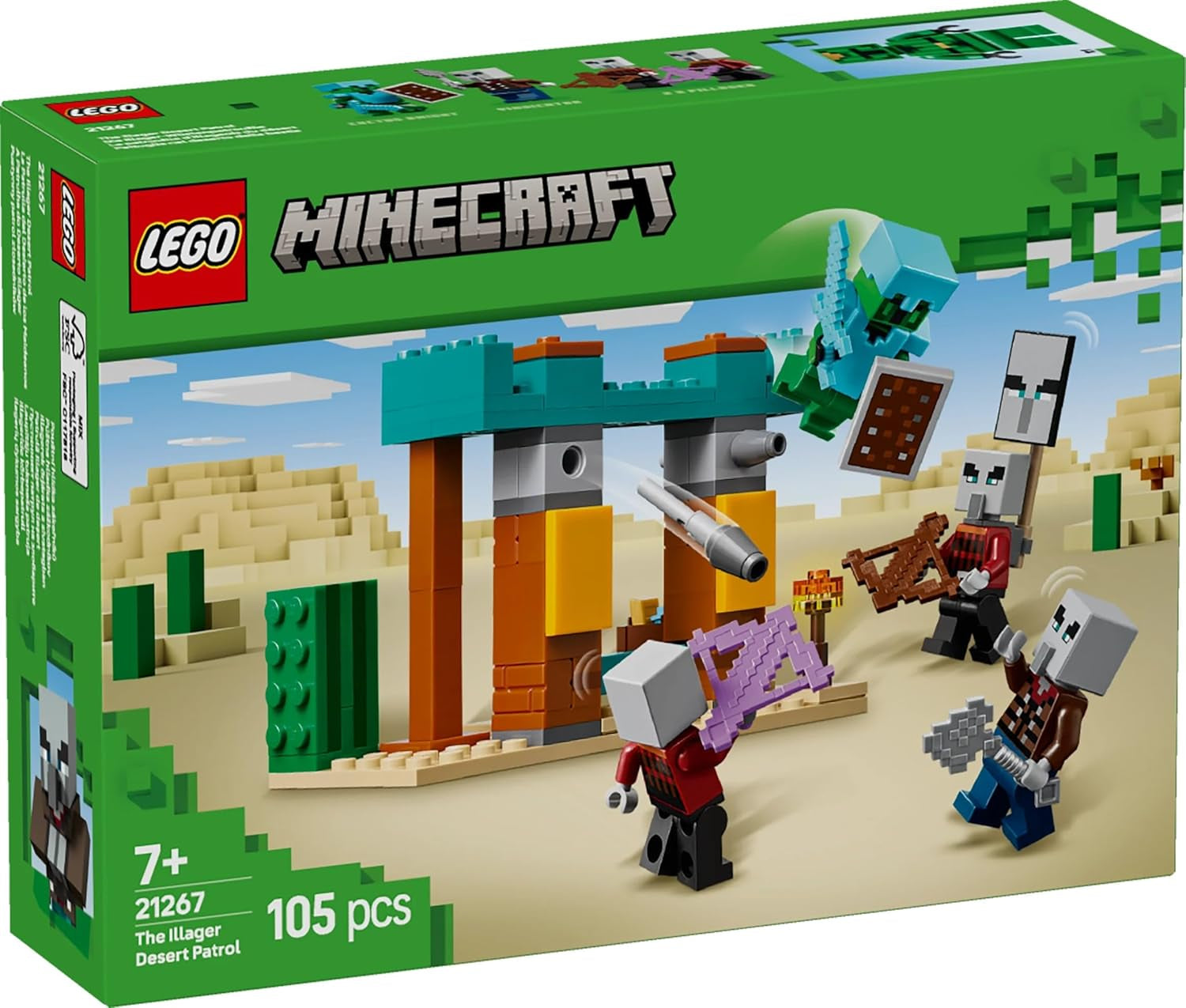 LEGO Minecraft The Illager Desert Patrol Videojuego para niños, mini juguete de puesto avanzado y tres minifiguras que incluyen saqueador, sirviente y caballero cactus 21267 Juegos de construcción Besuche den LEGO-Store