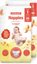 Pañales Amazon Ultra Dry, tamaño 1 (2-5 kg) - Caja mensual, blanco, 96 unidades (2 paquetes de 48) (anteriormente marca Mama Bear, producto idéntico)