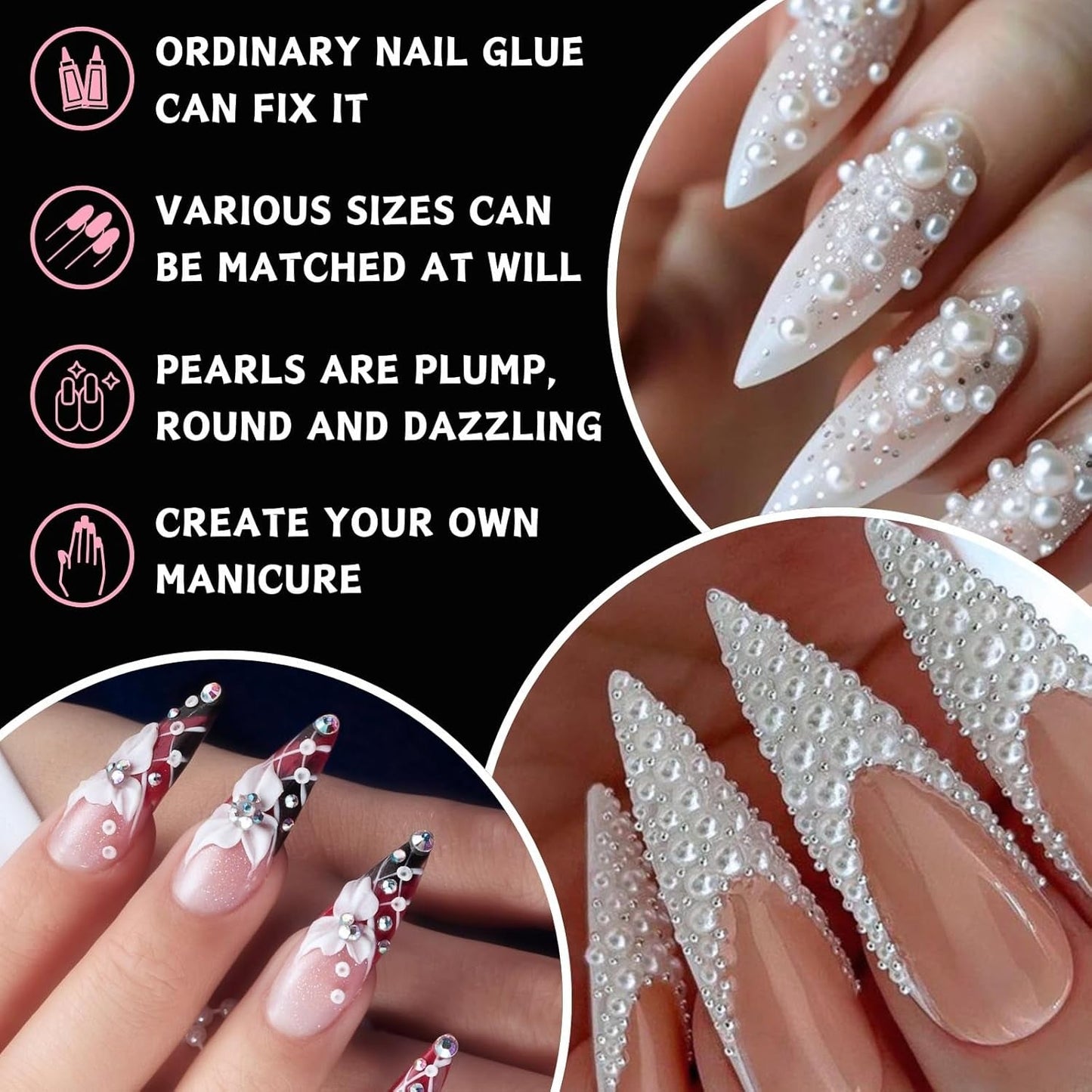 12 Größen Nail Art Perlen, Flache Perlen, Nail Art Accessoires, Halbkreis Nagelperlen, Weiße Nail Charms Und Glitzersteine ​​​​Nägel Für Nail Art Design, DIY Basteln, Alltag, Hochzeit (2 cajas)