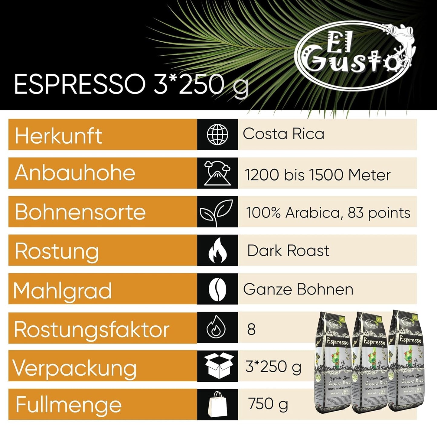 El Gusto Espresso Kaffee aus ganzen Bohnen aus Costa Rica, dunkel geröstet, creative Mischung, 100% Arábica, frischer Gourmet-Kaffee 3er Pack