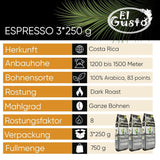 El Gusto Espresso Kaffee aus ganzen Bohnen aus Costa Rica, dunkel geröstet, creative Mischung, 100% Arábica, frischer Gourmet-Kaffee 3er Pack
