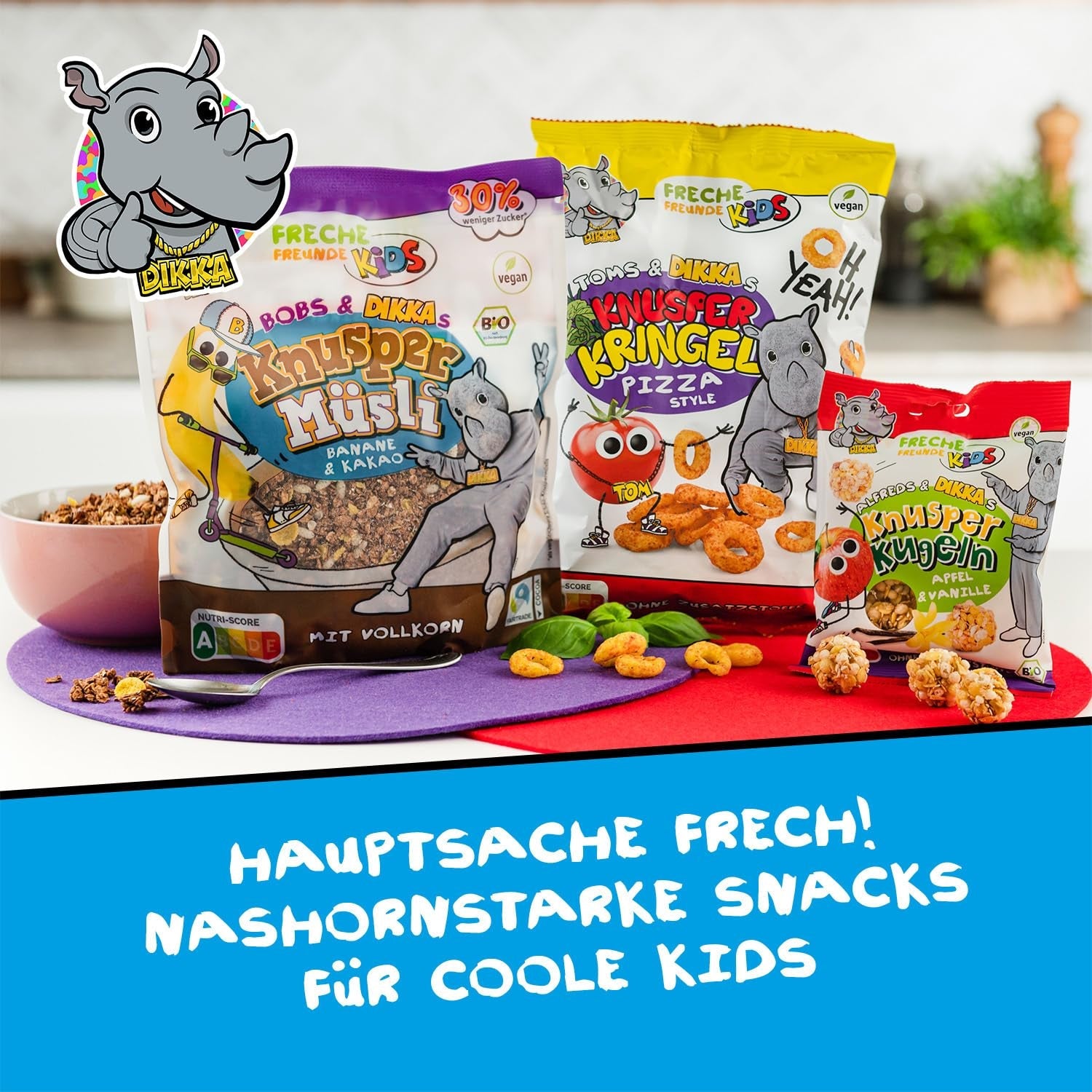 FRECHE FREUNDE KIDS, Bobs & DIKKAs Muesli crujiente de plátano y cacao, Muesli crujiente de chocolate para niños, bajo en azúcar, sin aditivos, 100% vegano, 6 piezas (6 x 280 g)
