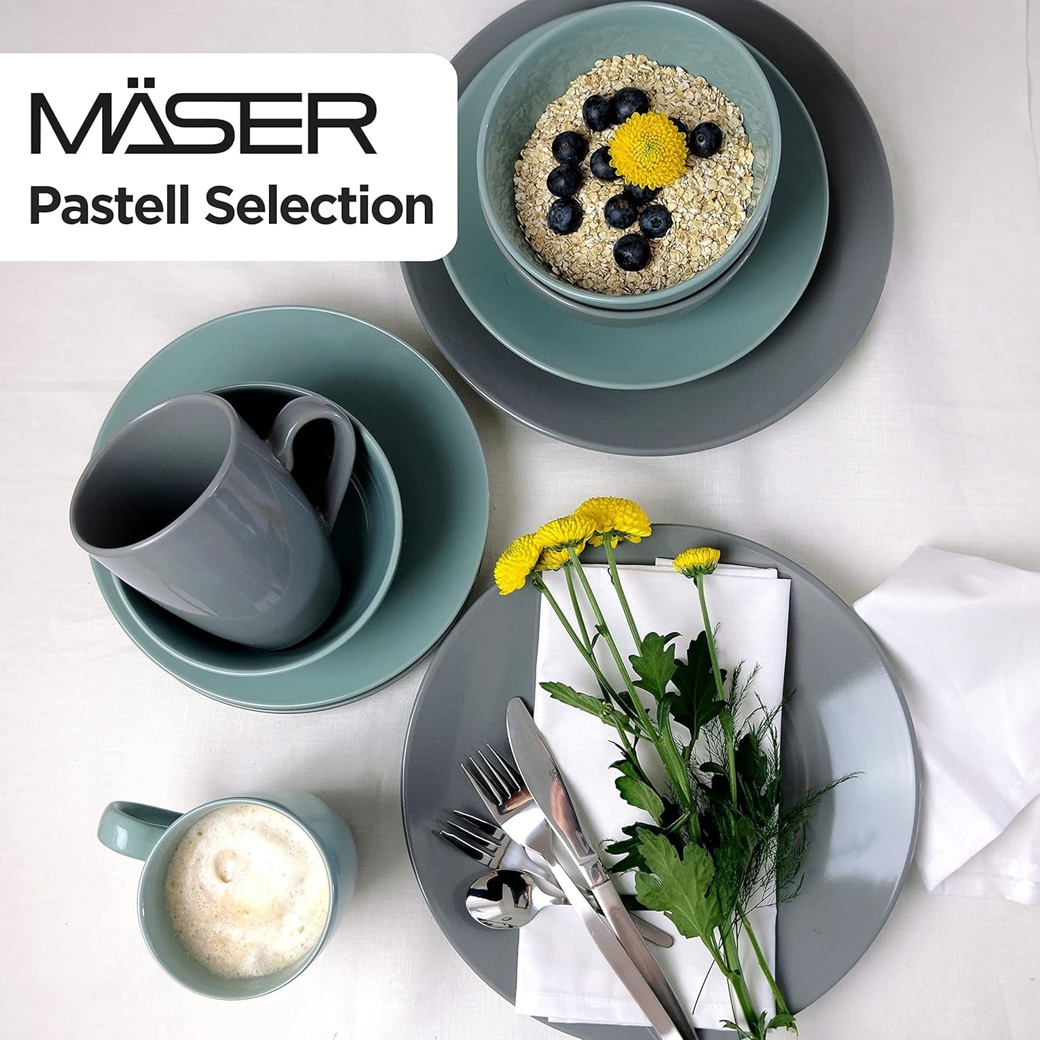 MÄSER Pastel Selection, Modernes Geschirr Set para 4 personas, 16-teiliges Kombiservice aus Keramik, Steinzeug, Türkis-Grün