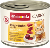Animonda Carny Senior Comida húmeda para gatos con ternera + pollo + queso (6 x 200g), comida húmeda sin cereales y sin azúcar para gatos a partir de 7 años, con ingredientes frescos y cárnicos