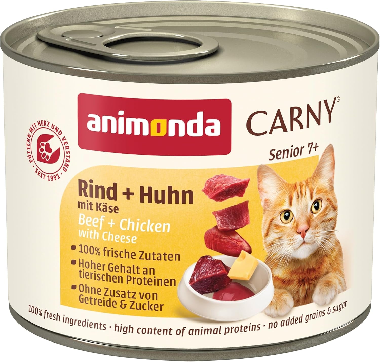 Animonda Carny Senior Comida húmeda para gatos con ternera + pollo + queso (6 x 200g), comida húmeda sin cereales y sin azúcar para gatos a partir de 7 años, con ingredientes frescos y cárnicos