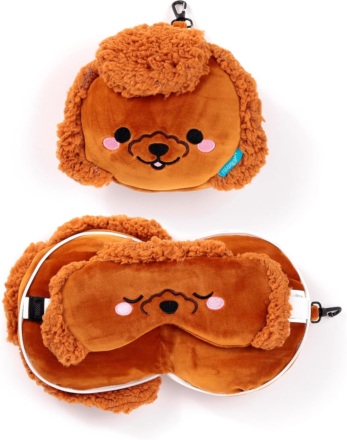 Puckator Almohada de Viaje con Antifaz Relaxeazzz - Gigi el Caniche - Lindos Animales Almohadas de Viaje Naty Shop Marrón 1 Pieza (1 Paquete)