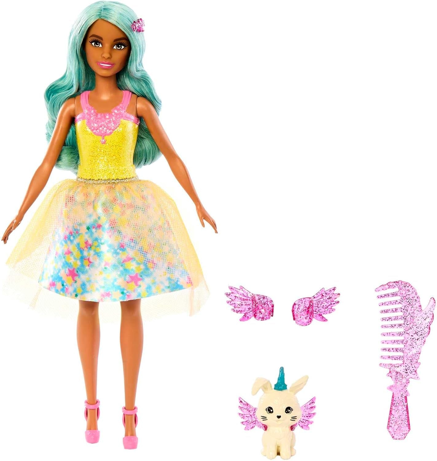 Barbie Hidden Magic - Muñeca Teresa con disfraz de hada, pelo ondulado y peine para peinarse divertida, a partir de 3 años, HLC36