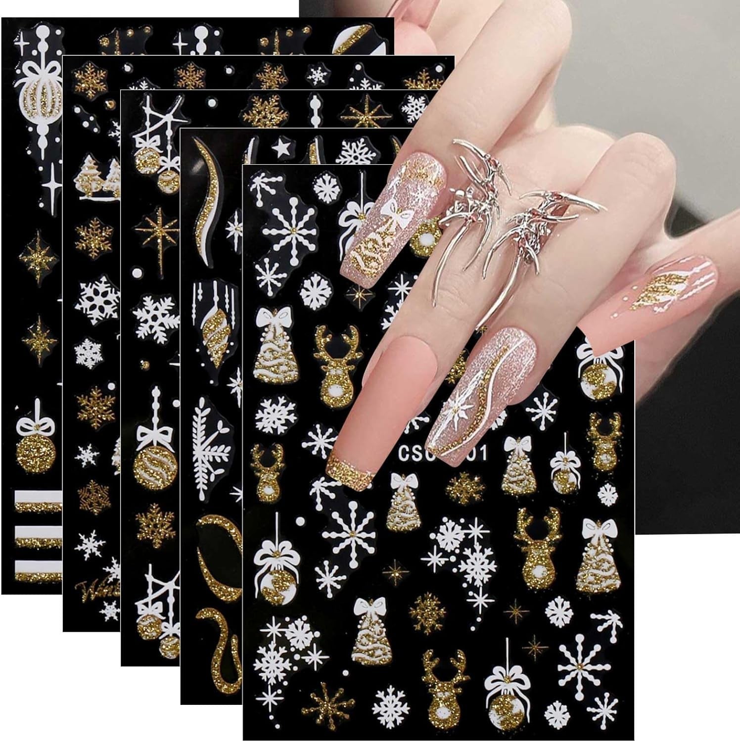 JMEOWIO Nagelsticker Weihnachten Gold Glitter Silver 8 Blatt Nail Art Sticker Selbstklebend Nagelaufkleber Schneeflocke Winterurlaub Dekoration Nageldesign Zubehör