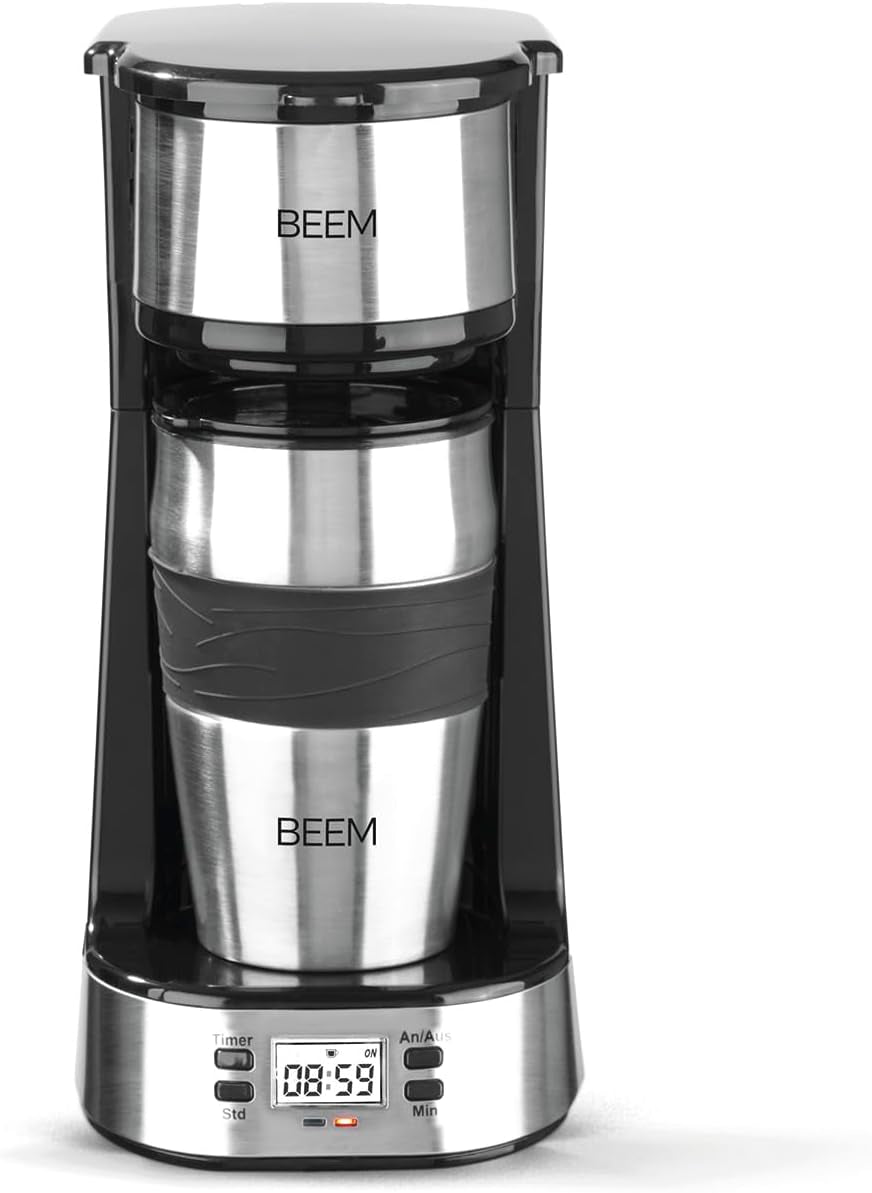 BEEM THERMO 2 GO Cafetera espresso monofiltro con vaso térmico de 0,4 l | Filtro permanente | Con temporizador de 24 horas para tomar una taza de café caliente por la mañana, sin esperas | 750 vatios