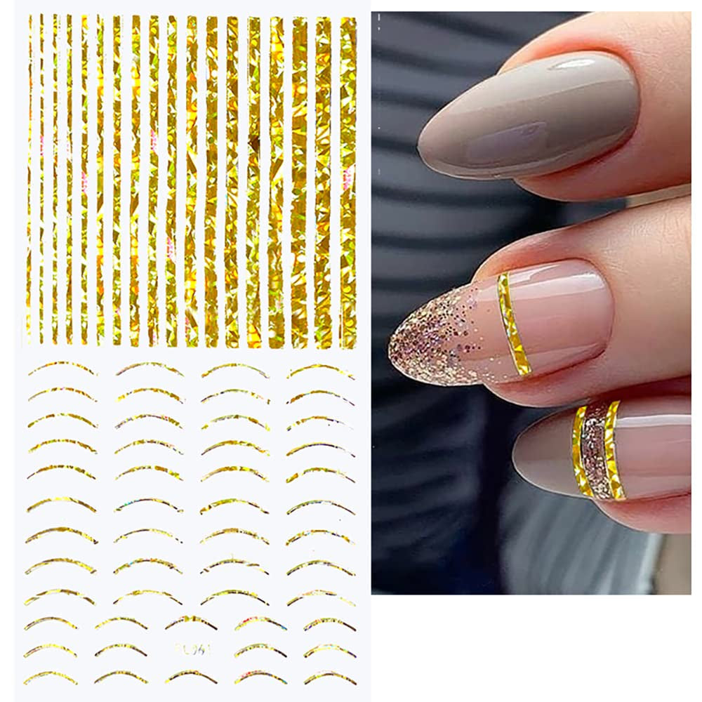 12 hojas de pegatinas autoadhesivas para uñas con líneas de brillo láser, pegatinas holográficas, pegatinas para uñas con rayas de bronce, líneas francesas, lazos curvos, líneas onduladas, pegatinas para uñas, accesorios para decoración de uñas