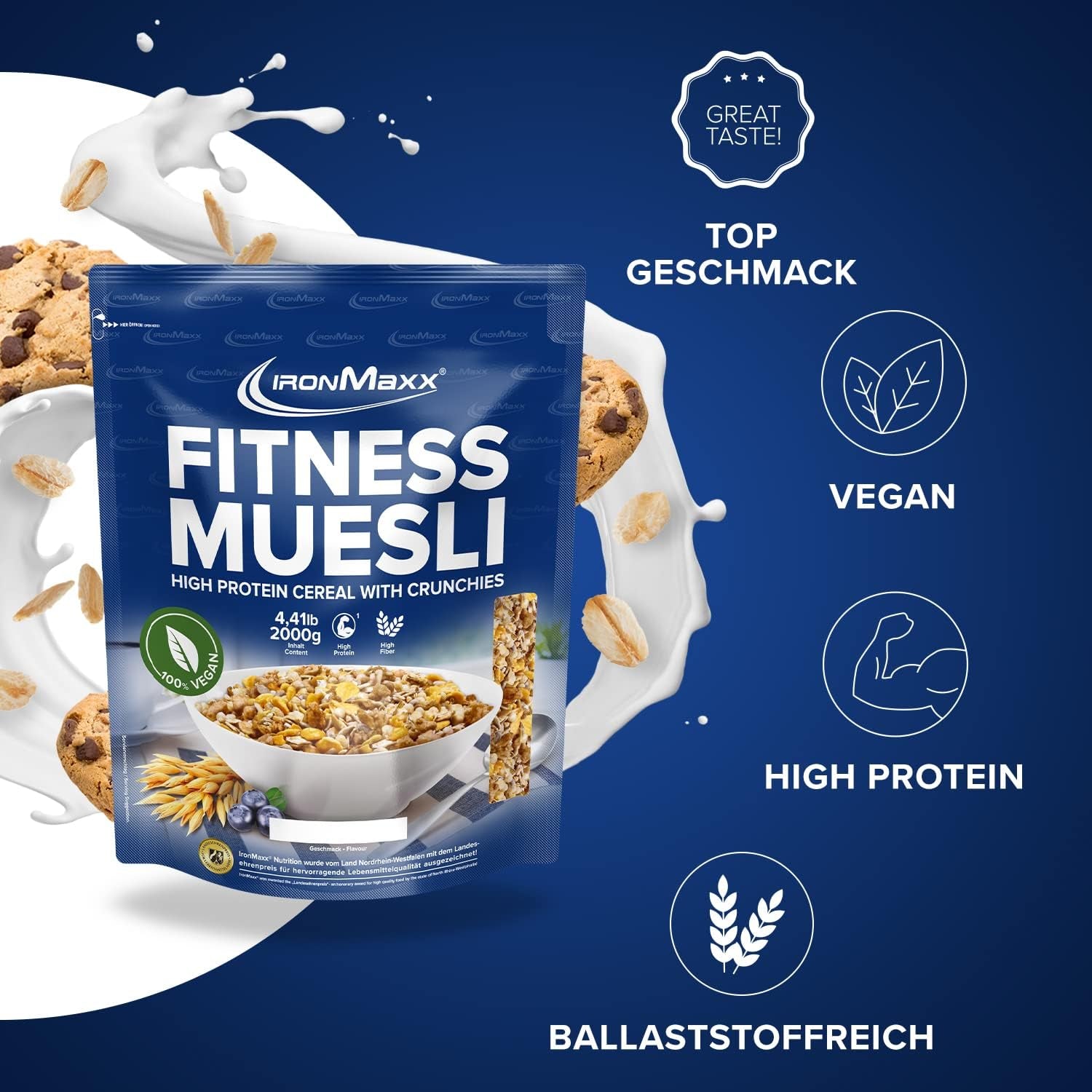 IronMaxx Fitness Muesli - Galletas y Crema, Bolsa de 2 kg | Muesli vegano rico en proteínas con contenido crujiente | Bajo en azúcar y alto en fibra.