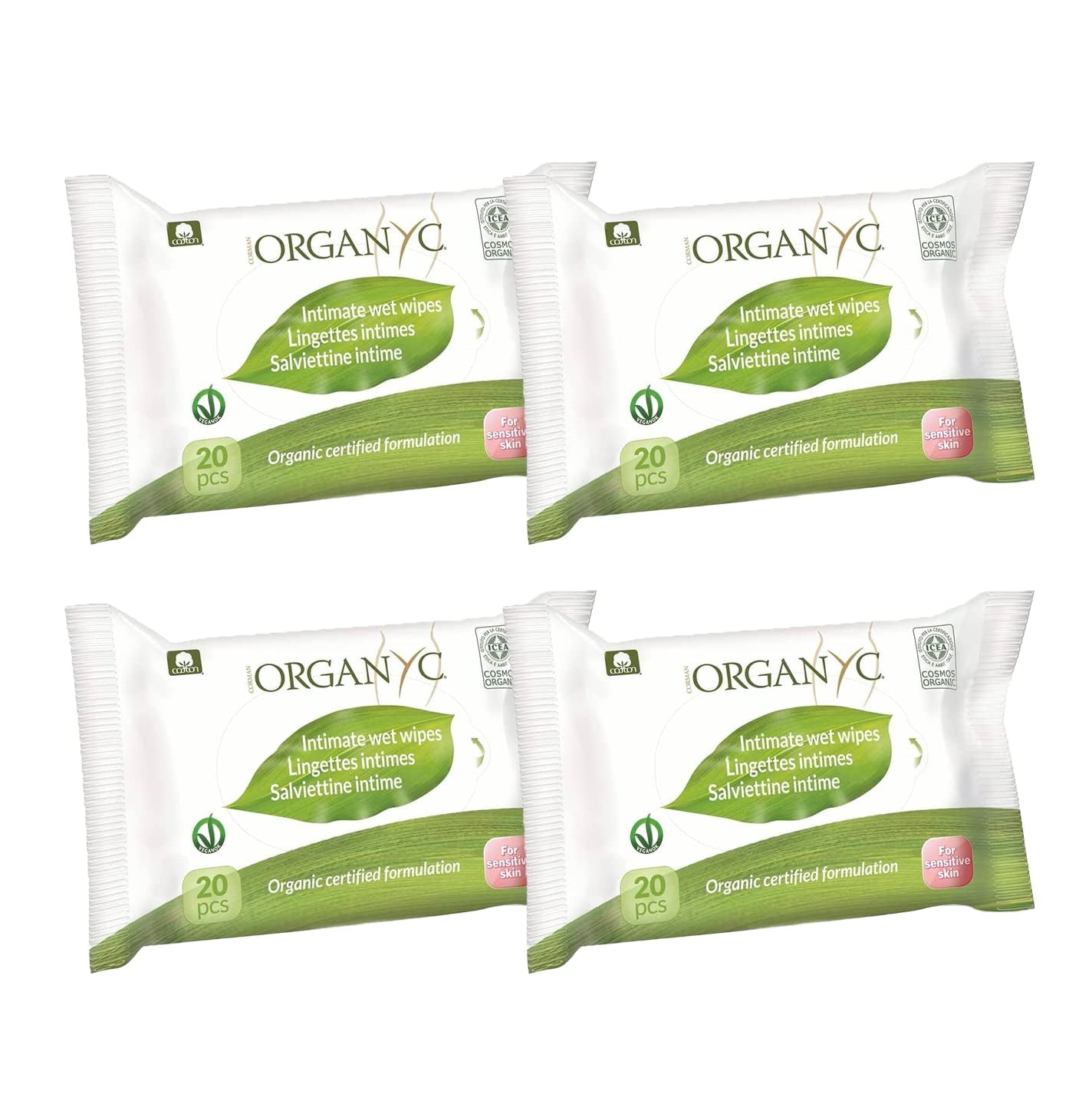 Toallitas íntimas húmedas Organyc, hechas de 100% algodón orgánico certificado, 4 paquetes de 20 toallitas (80 toallitas en total)