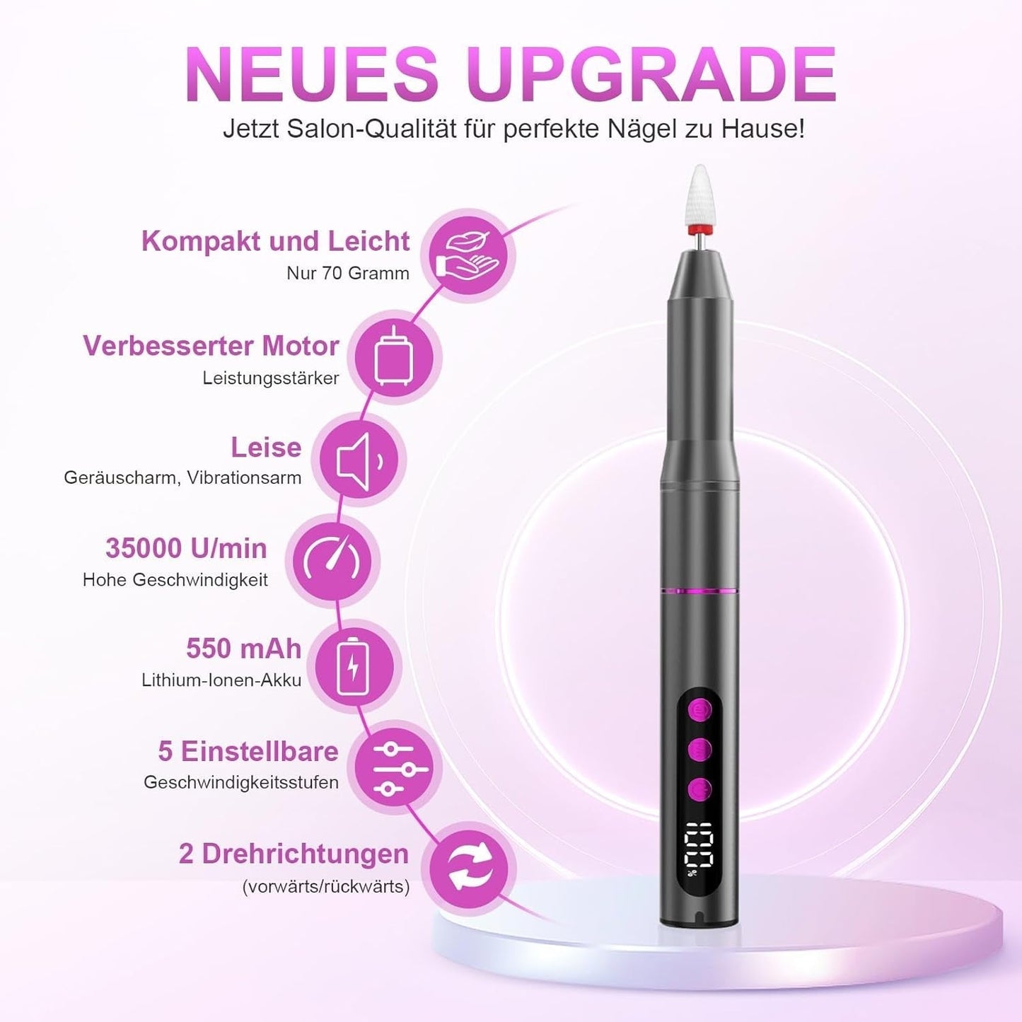 Lima de uñas eléctrica inalámbrica - 35000 RPM para uñas de gel, lima de uñas profesional y acrílica 12 en 1, juego de manicura y pedicura de 5 velocidades