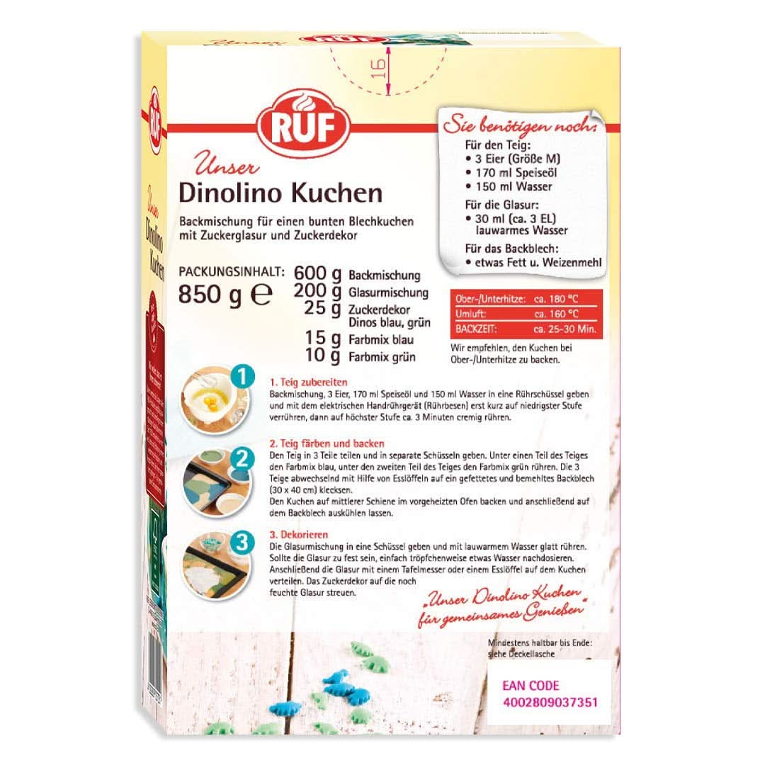 RUF Dinolino Cake, bizcocho en láminas tricolor con sabor a limón, 850 gramos Sprinkles Naty Shop