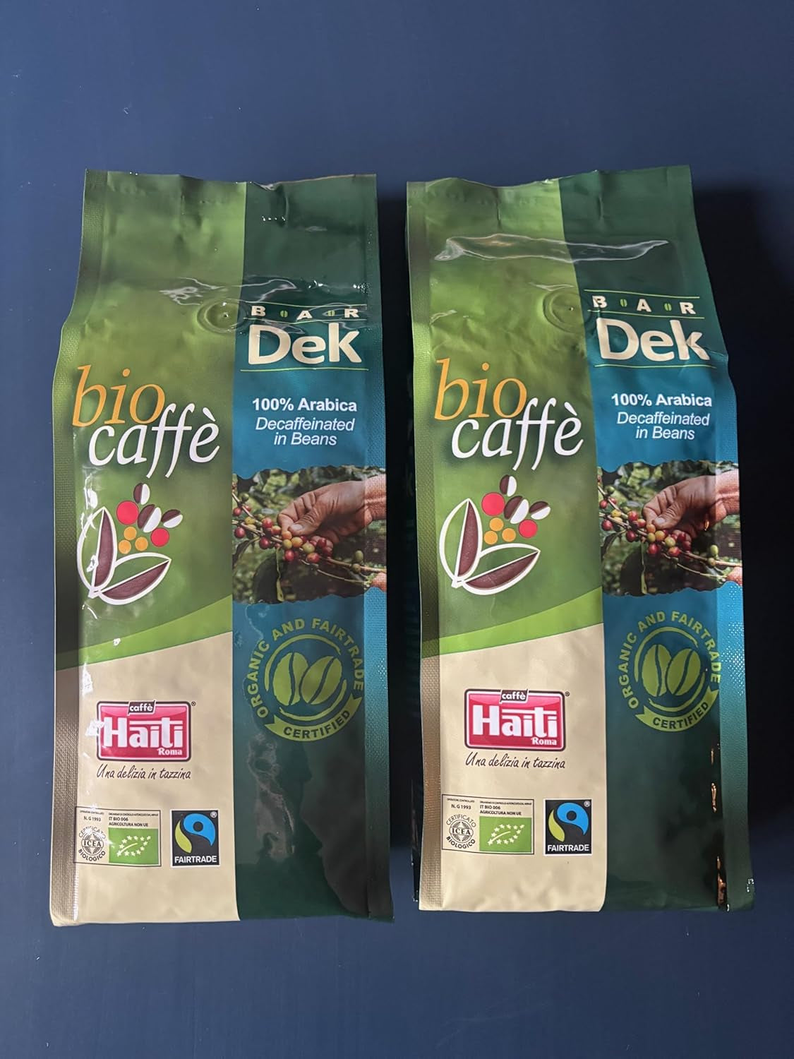 Caffè Haiti Roma café en grano orgánico descafeinado, 100% Arábica, certificado Fairtrade, calidad orgánica, paquete de 2 x 500 g