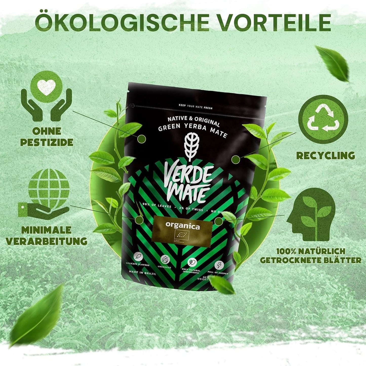 Verde Mate Green Orgánica 500 G – Yerba Mate Orgánica de Brasil – sin humo y cuidadosamente procesada 0,5 kg
