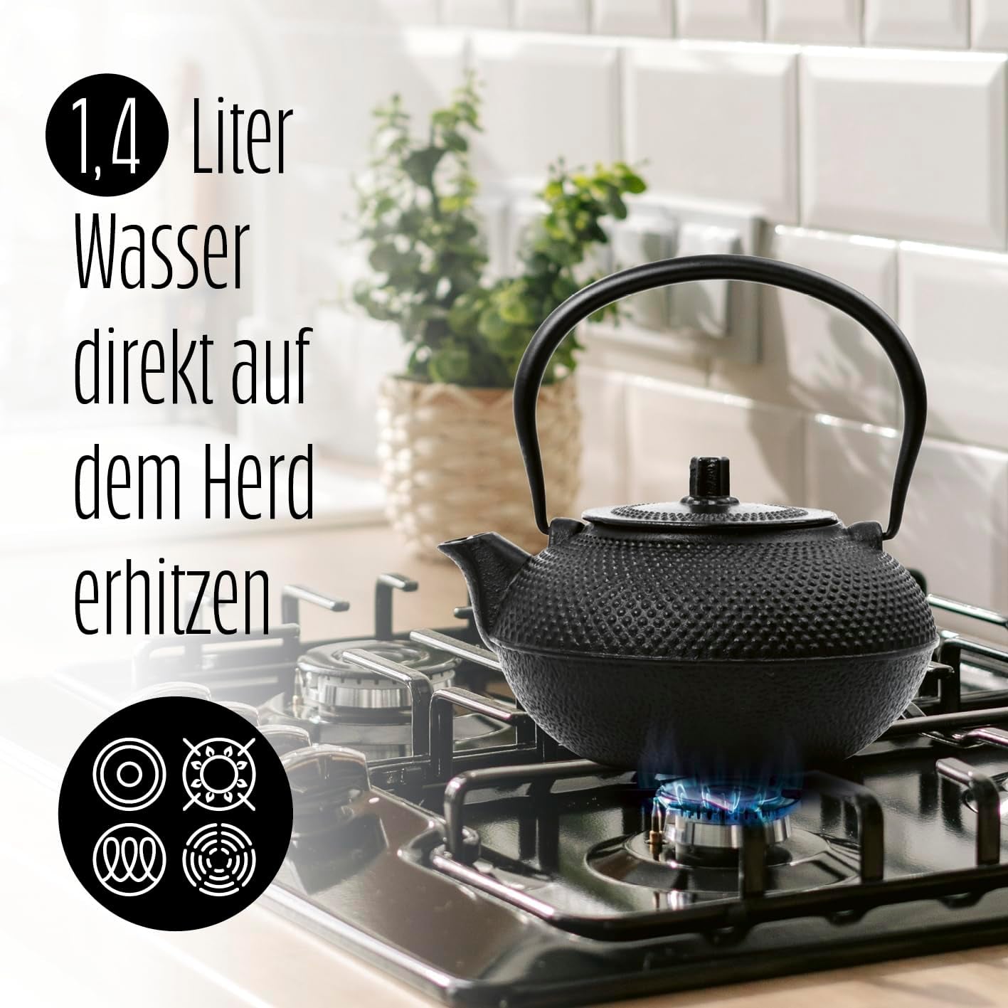 Juego de té Lumaland de 8 piezas | Tetera de hierro fundido Tetsubin de 1,4 litros | Calentador de hierro fundido | 2 tazas de té y 2 platillos | Juego de té japonés que incluye cuchara medidora de bambú e infusor de acero inoxidable.
