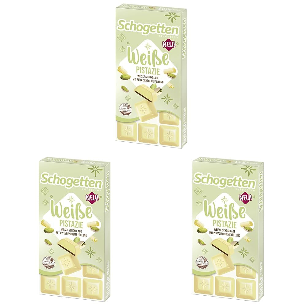 Pistacho blanco Schogetten | Chocolate blanco con relleno de crema de pistacho | 100 gramos | Convenientemente porcionado (paquete de 3)