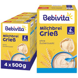 Papilla de sémola con leche (4 x 500 g), alimento para bebés a partir de 6 meses, sin azúcares añadidos, con valiosos minerales y vitaminas, muy saciante