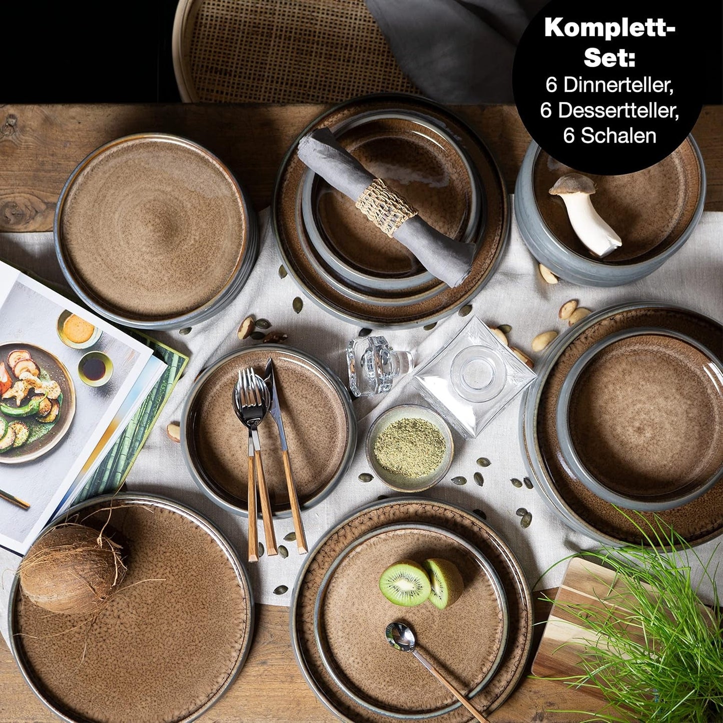 Moritz & Moritz SOLID Vajilla para 6 personas de gres de 18 piezas - Vajilla para 6 personas, compuesta por 6 platos llanos, 6 platos de postre y 6 platos llanos