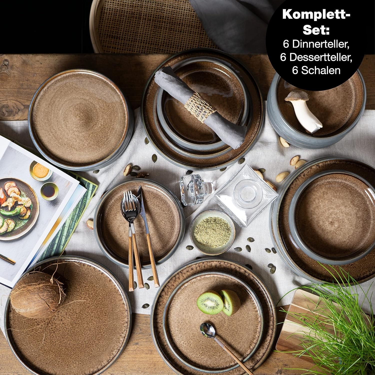 Moritz & Moritz SOLID Vajilla para 6 personas de gres de 18 piezas - Vajilla para 6 personas, compuesta por 6 platos llanos, 6 platos de postre y 6 platos llanos