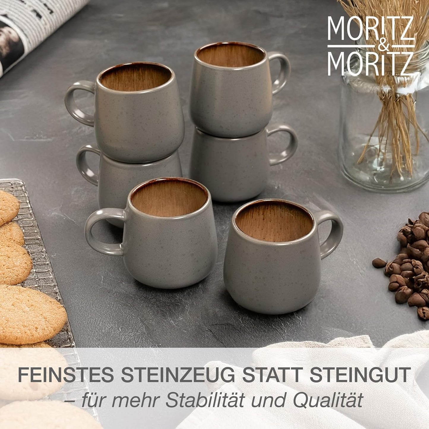 Moritz & Moritz SOLID Vajilla para 6 personas de gres de 24 piezas - Vajilla para 6 personas compuesta por 6 platos llanos, 6 platos pequeños, 6 platos llanos y 6 tazas con asas