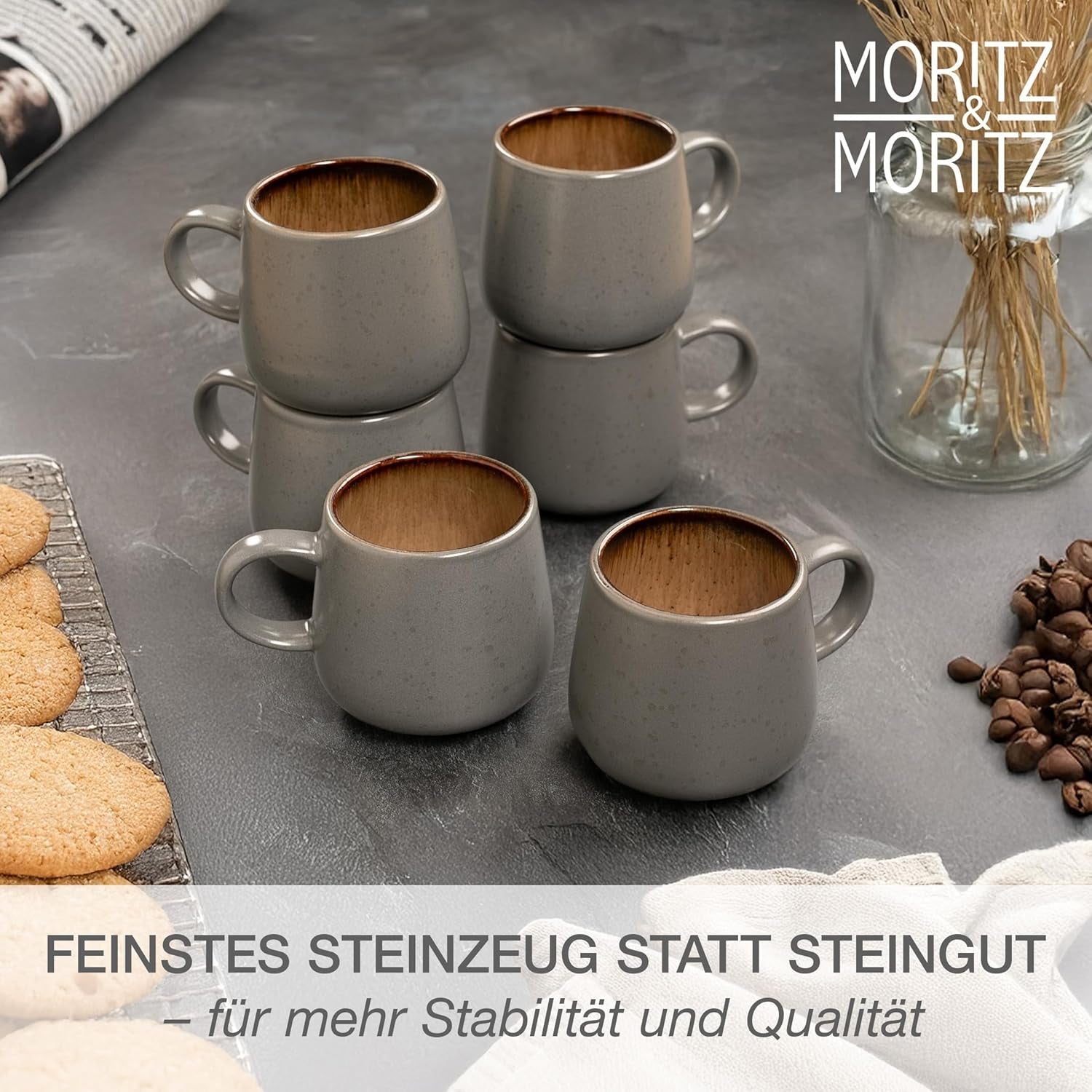 Moritz & Moritz SOLID Vajilla para 6 personas de gres de 24 piezas - Vajilla para 6 personas compuesta por 6 platos llanos, 6 platos pequeños, 6 platos llanos y 6 tazas con asas