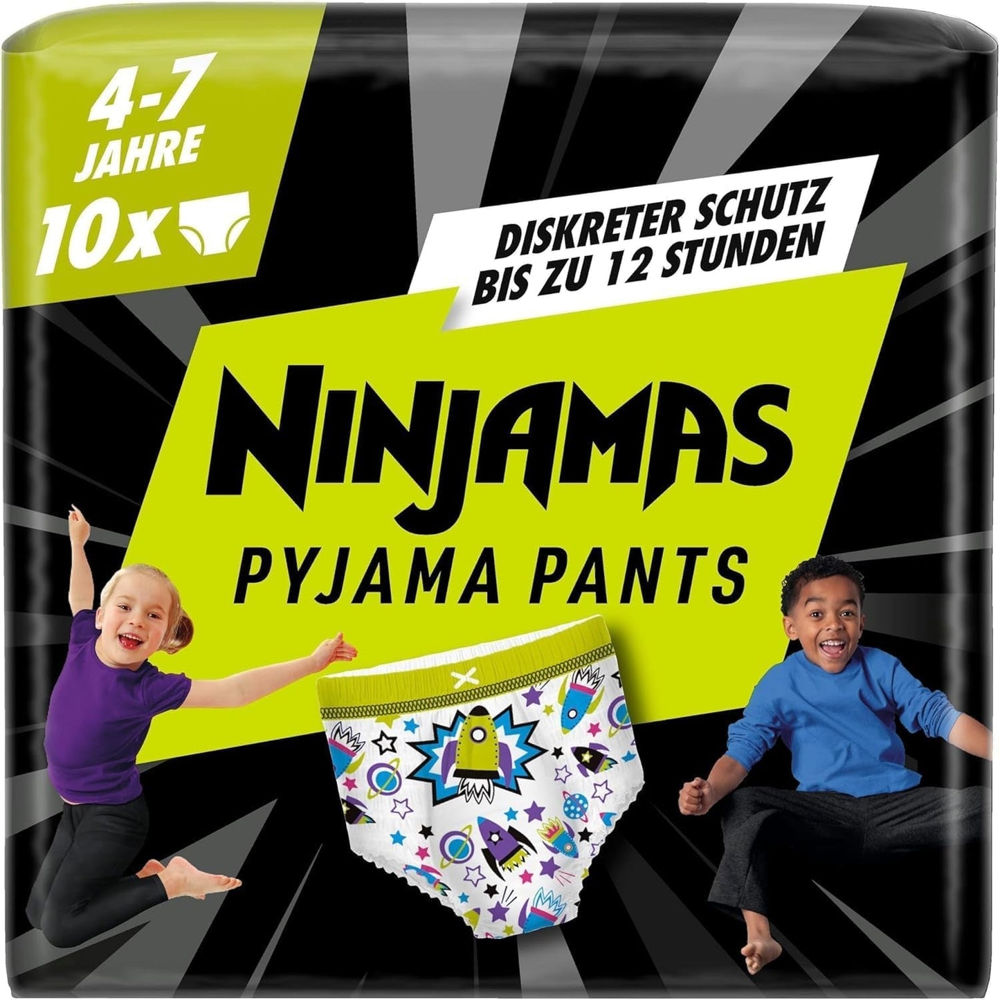 Pantalones de pijama de nave espacial, paquete de 10 pantalones de noche absorbentes, 7 años, 17 kg-30 kg, protección contra fugas durante toda la noche