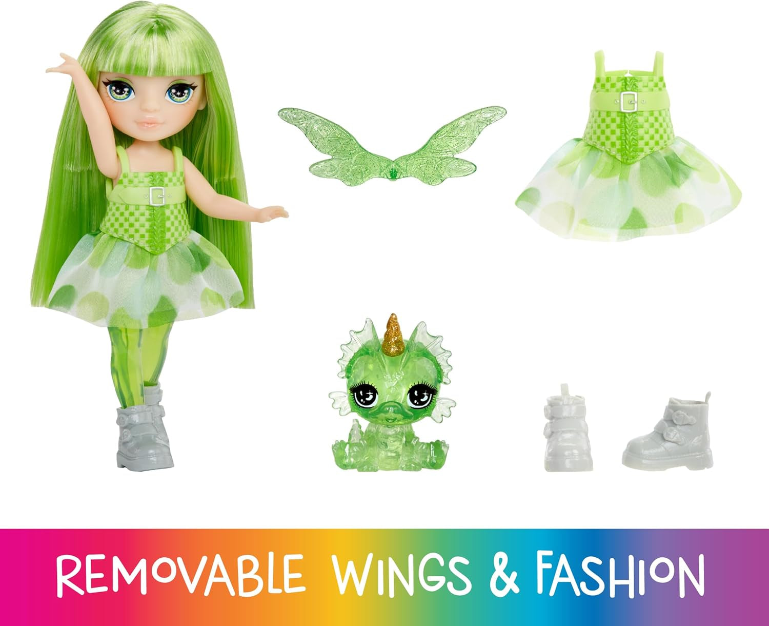 Rainbow High Littles Hada y mascota de fantasía arcoíris - Esmeralda, verde - Muñeca articulada de dragón de fantasía pequeña de 14 cm con alas de hada intercambiables, dulce regalo para niños a partir de 4 años