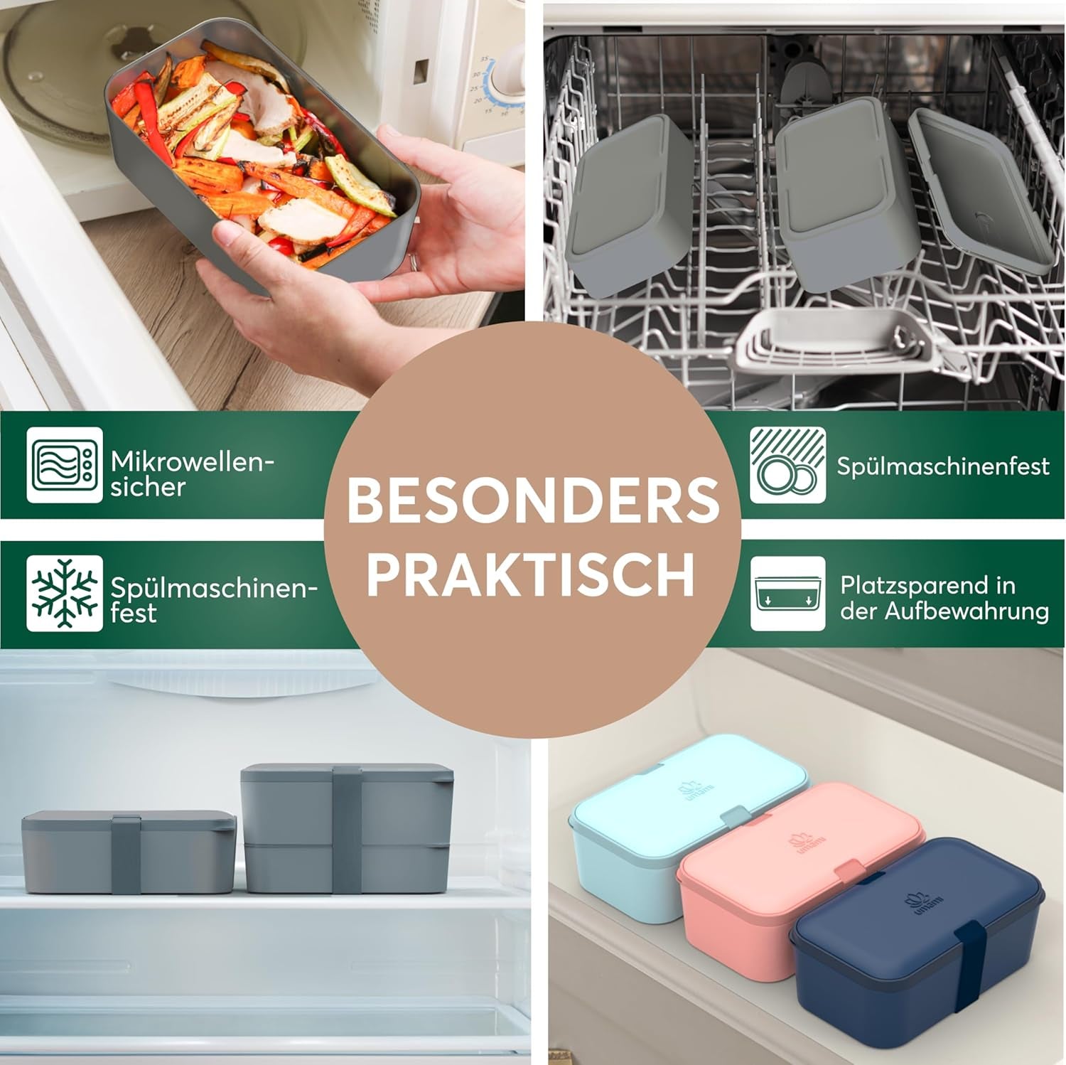 Umami Fiambrera para Adultos, Fiambrera Bento Apilable con 4 Cubiertos y Compartimentos, Fiambrera para Adultos, Contenedor de Ensalada para Llevar, Fiambrera para Picnic/Oficina, Gris Antracita, Cajas de Almacenamiento de Alimentos 1500ml Naty Shop
