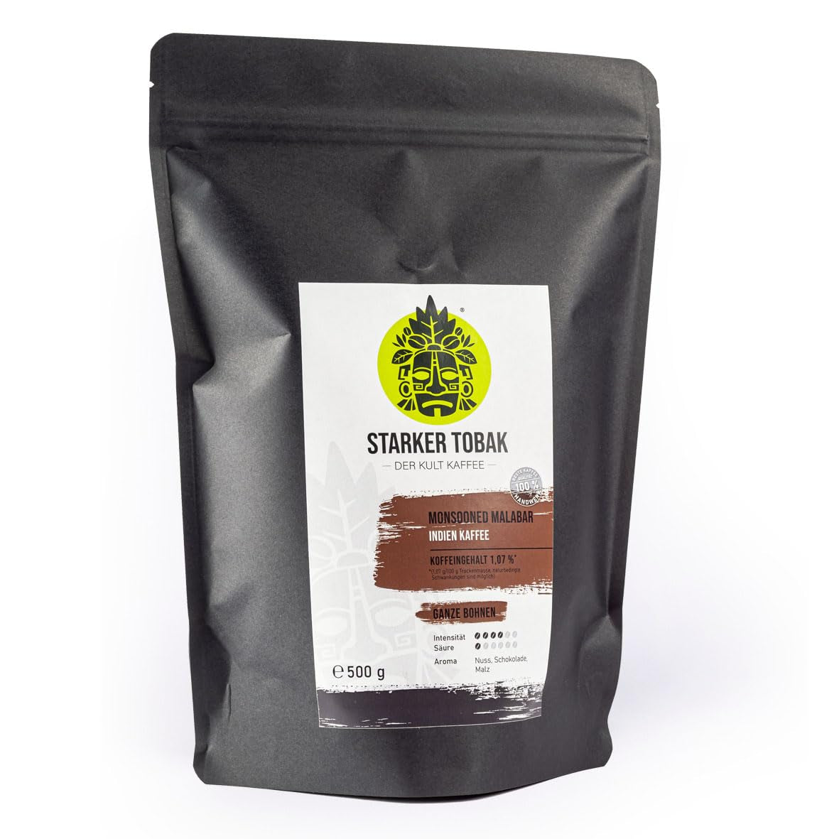 STARKER TOBAK Café Malabar Monzón, grano entero, tostado a mano - tostado medio, India, 100% arábica, apto para café filtrado, prensa francesa, cafeteras totalmente automáticas, suave para el estómago - acidez extra baja