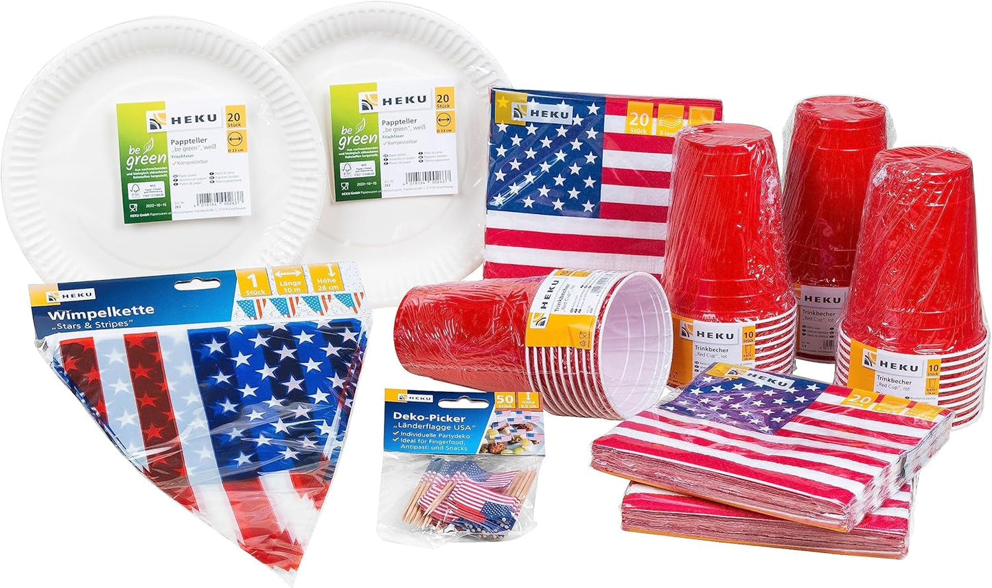 HEKU 191 uds. Set Fiesta USA I Platos Cartón Ø23Cm, Vasos Rojos, Servilletas 3 Capas 33X33Cm, Recogedor De Decoración, Cadena Banderines 10M I Perfecto para fiestas temáticas y fiestas patrias