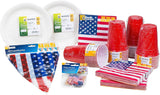HEKU 191 uds. Set Fiesta USA I Platos Cartón Ø23Cm, Vasos Rojos, Servilletas 3 Capas 33X33Cm, Recogedor De Decoración, Cadena Banderines 10M I Perfecto para fiestas temáticas y fiestas patrias