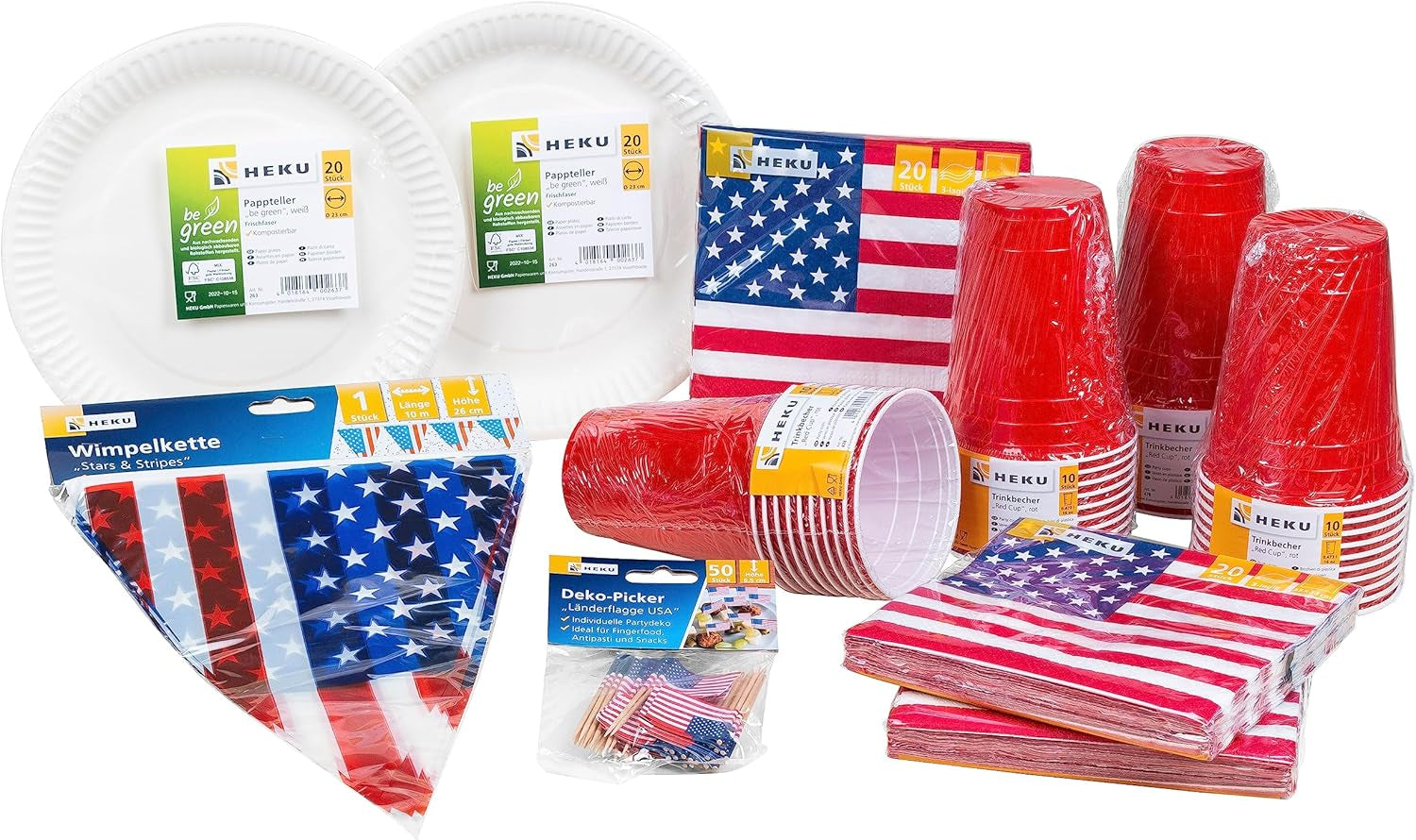 HEKU 191 uds. Set Fiesta USA I Platos Cartón Ø23Cm, Vasos Rojos, Servilletas 3 Capas 33X33Cm, Recogedor De Decoración, Cadena Banderines 10M I Perfecto para fiestas temáticas y fiestas patrias