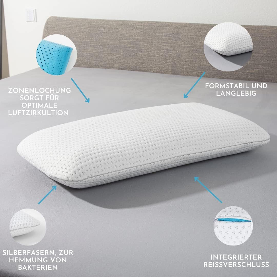 Almohada de espuma Genius Eazzzy 40X80 Cm altura 10Cm - Almohada de apoyo para el cuello con 2 grados de dureza + espuma de gel refrescante - Almohada para dormir de lado, boca arriba y boca abajo contra el dolor de cuello, almohadas estándar de poliéster Naty Shop