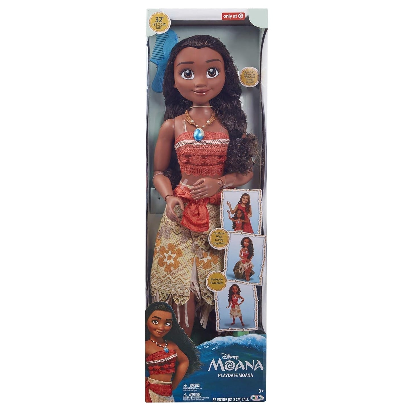 Muñeca Disney Princesa Moana de 80 cm de Jakks Pacific Muñeca móvil con cepillo para peinar sus rizos ondulados Vestido inspirado en la película Collar con colgante desmontable Muñecas Naty Shop