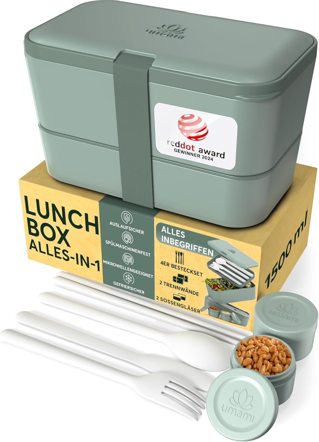Umami Fiambrera para Adultos, Fiambrera Bento Apilable con 4 Cubiertos y Compartimentos, Fiambrera para Adultos, Ensaladera para Llevar, Fiambrera para Picnic/Oficina, Gris Antracita, 1500ml Naty Shop Fiambreras Verde Pizarra L - 1500ml Apilables Una Dentro De Otra