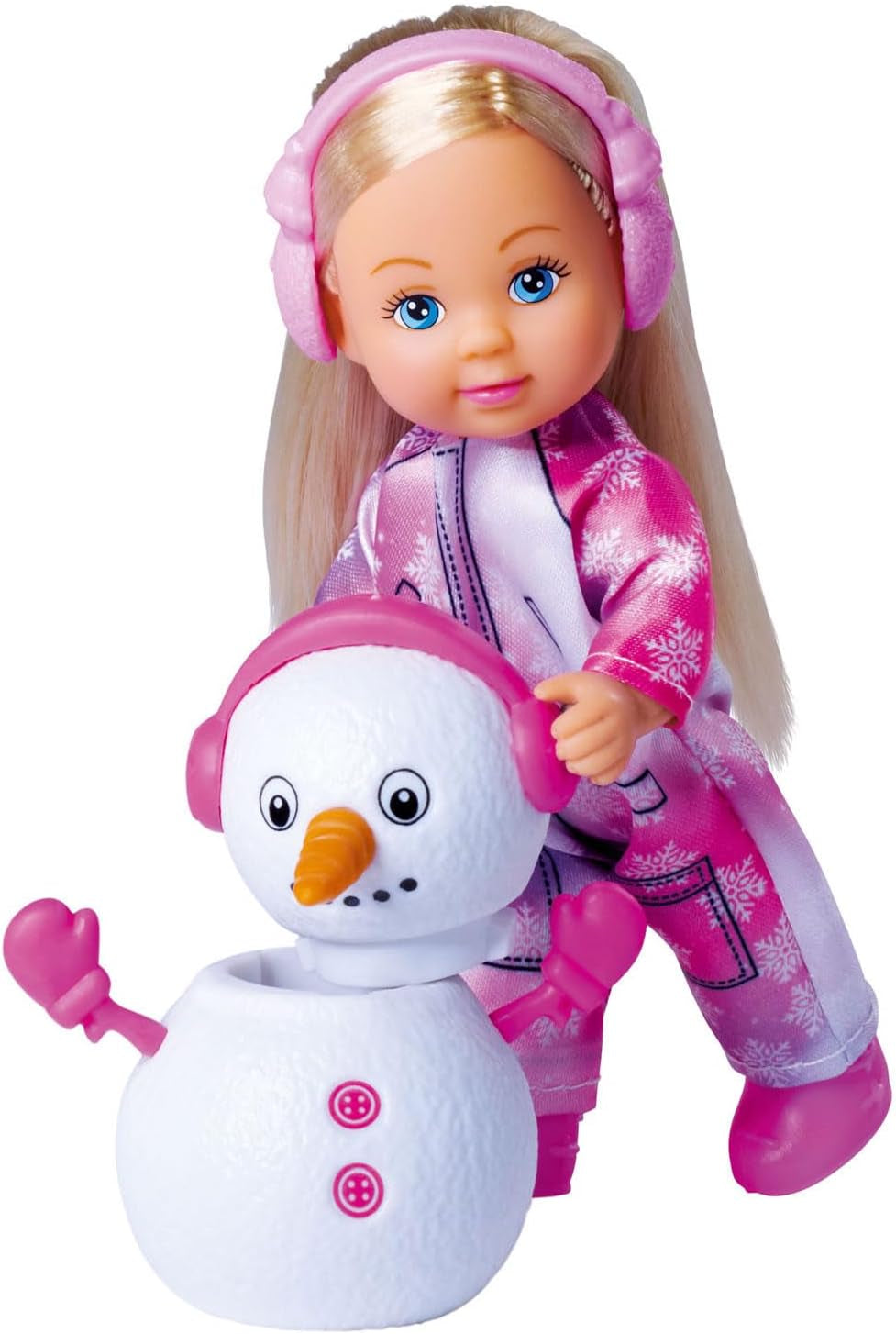 Simba 105733646 - Evi Love Snow, muñeca con un bonito traje de nieve y muñeco de nieve para construir, 12 cm, a partir de 3 años