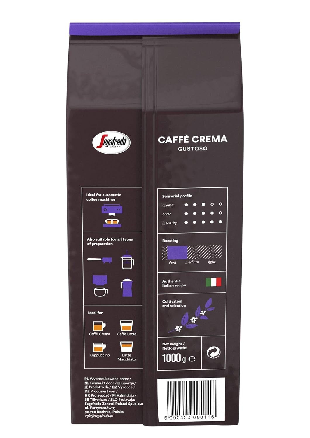 Segafredo Zanetti Caffè Crema Gustoso - Grano Entero (Pack de 1 kg) - Apto para Caffè Crema - Café en grano de tostado largo y oscuro, sabor pleno e intenso (Pack de 2)